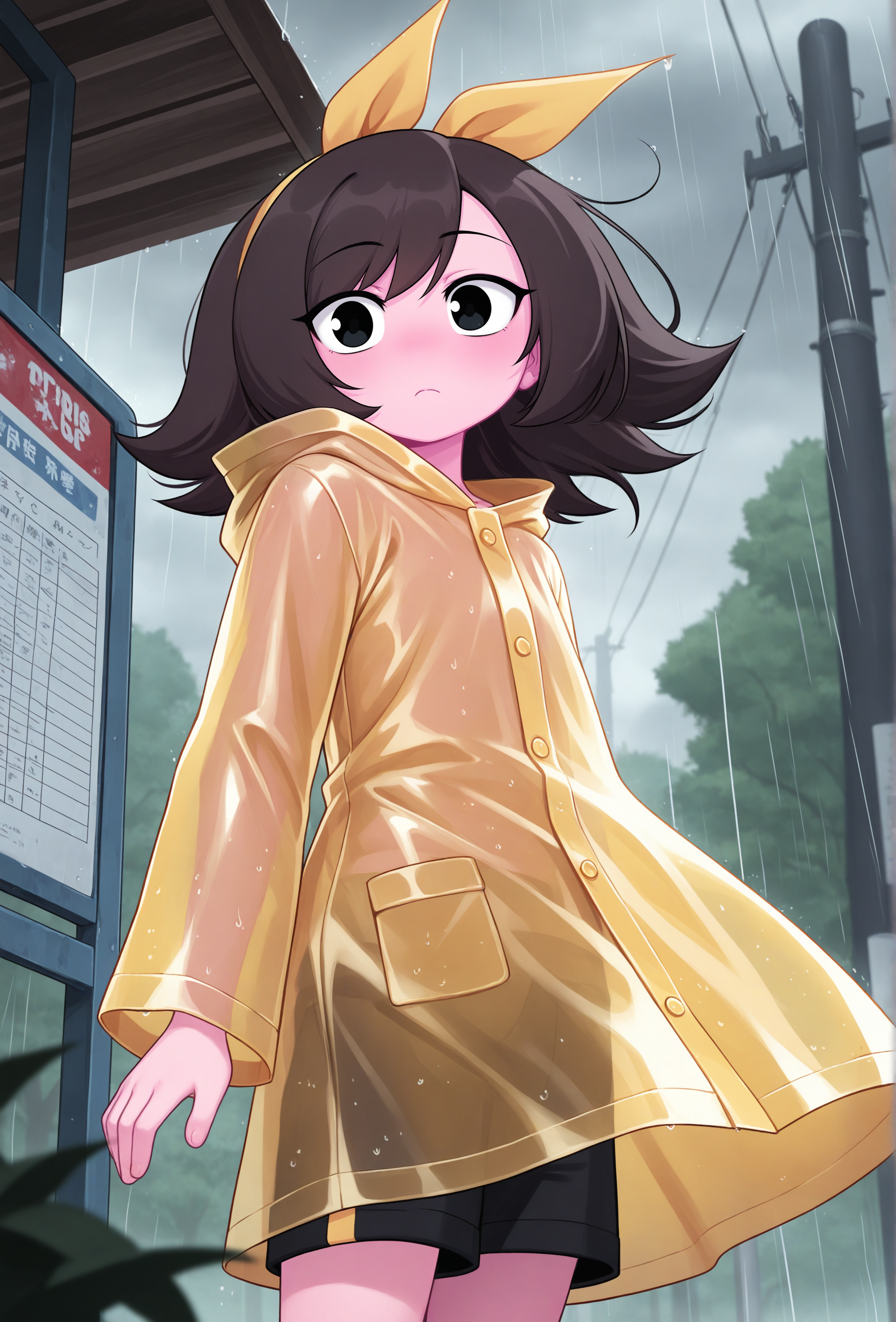 masterpiece,best quality,amazing quality, <lora:marigold_cabronpr_noob_v1.1f:1> marigold, 1girl, solo, hairbow, no nose, black eyes, BREAK
yellow raincoat, black shorts, bus stop, rain, overcast, wind, tree, utility pole, (depth of field:1.2)