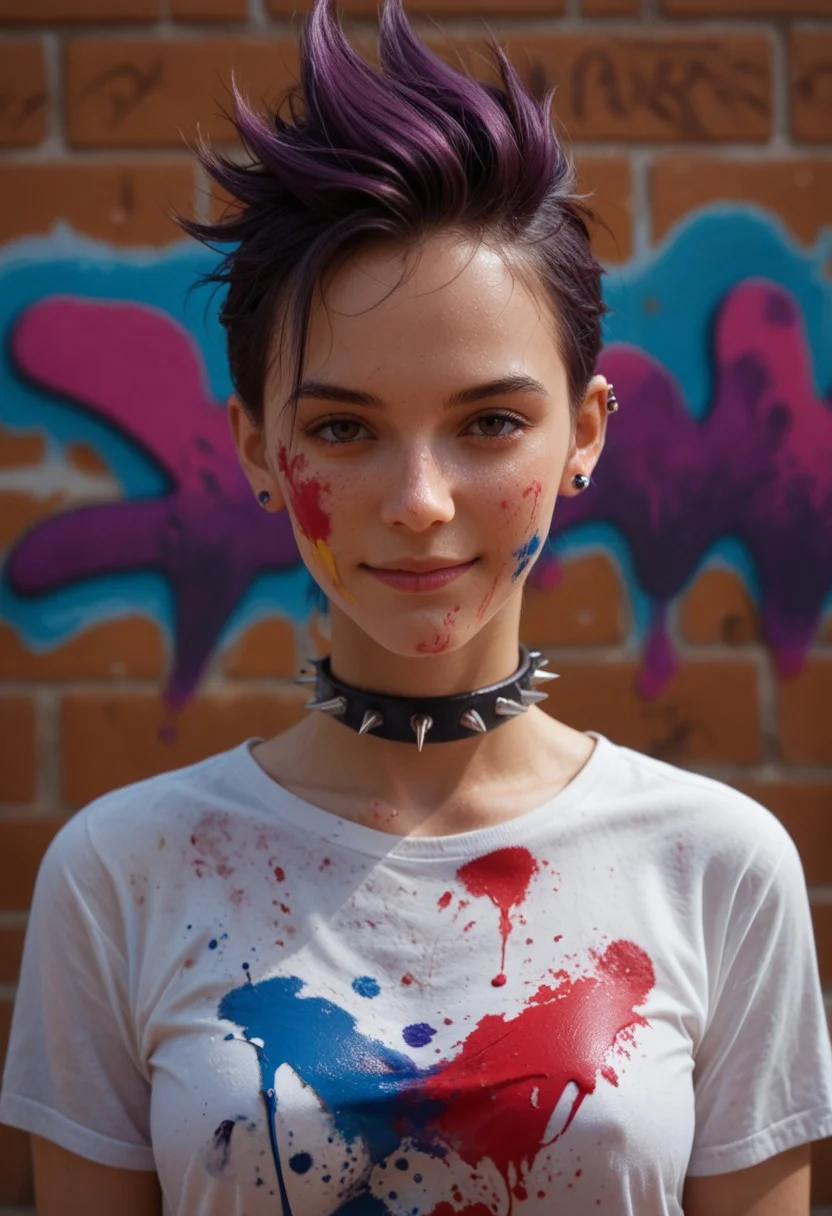 score_9_up, score_8_up, score_7_up, score_6_up, 1girl, 25 years old, perfect face, (adult), sexy,
detailed face, portrait, face focus, depth of field, looking at viewer, blush, shy smile,
dark purple hair, spiked hair, ear piercing, spiked collar,
paint splatter on face,
white t-shirt,
button badge,
paint splatter, brush stroke, inkblot, paint stains, graffiti, colorful,
