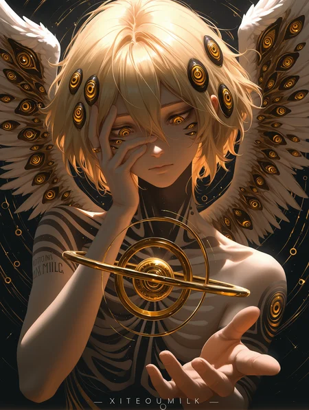 1boy,solo,(no humans), angel,seraph,biblically accurate angel,face extra eyes,extra eyes,hair between eyes,wings,tattoo, BREAK looking down,hand on own face, floating ring, dynamic angle,movie perspective,perspective,face focus,, surreal,abstract background, xiaobanbei milk,(nixeu:0.5),
,masterpiece,best quality,amazing quality,