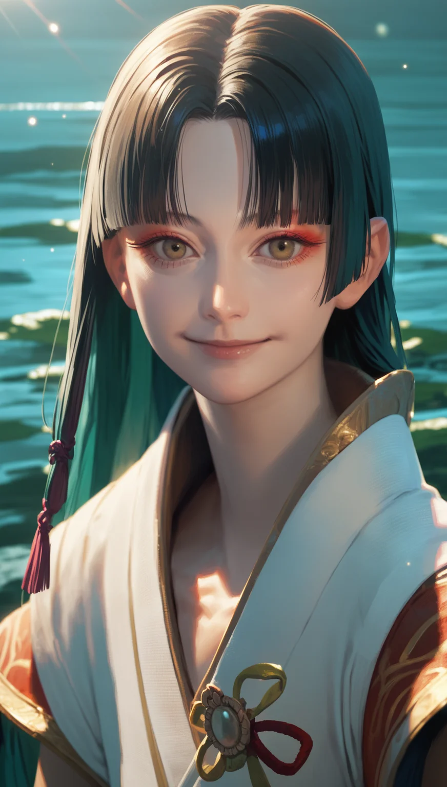 score_9,score_8_up,score_7_up,
<lora:Yoshiro:0.9>,
yoshirogoddess,
realistic,
1girl,solo,
black hair,long hair,hime cut,
yellow eyes,red eyeshadow,looking at viewer,smile,
jade,white robe,red ribbon,
portrait,
blurry background,bloom,lens flare,shimmering water background reflecting sunlight,lake,light particles,