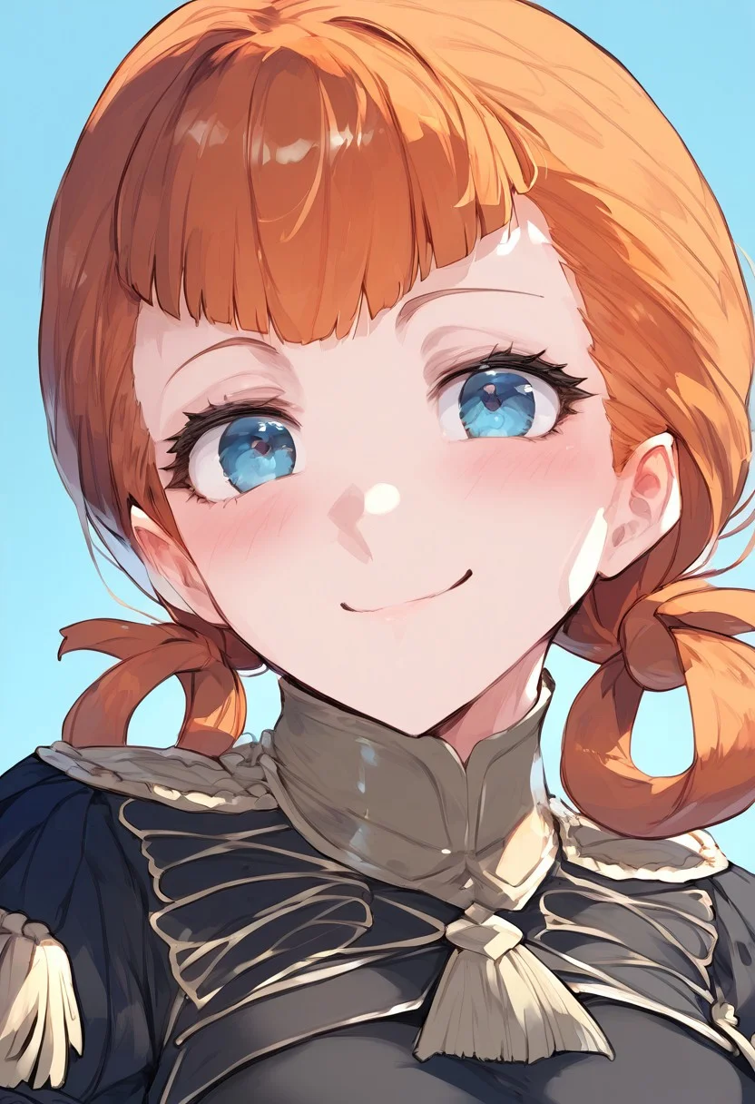score_9, score_8_up, score_7_up, source_anime, 1girl, solo, defAnne, hair rings, short twintails, blunt bangs, orange hair, blue eyes, small breasts, simple background, simple blue background, very high quality, High definition, HD, masterpiece, best quality, smile, shiny hair, high quality hair, shiny skin, high quality eyes, closed mouth, blush, portrait