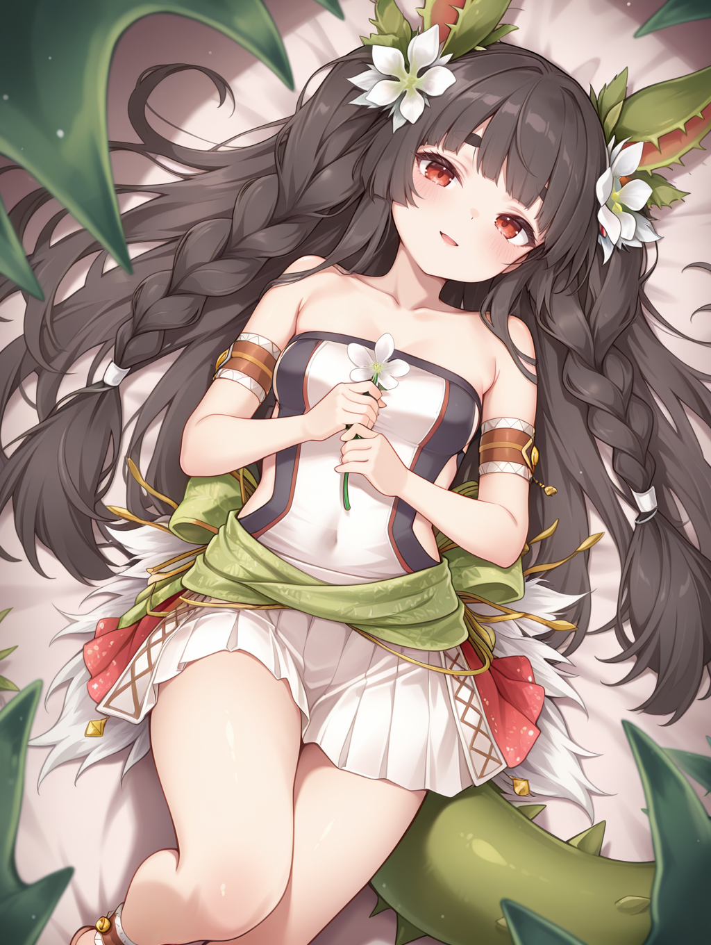 traptrix dionaea, 1girl, solo, lying, on back, looking at viewer, blush, thick eyebrows, dutch angle, holding white flower, from above, collarbone, plant, smile, open mouth, leaf, parted lips, venus flytrap ears, plant girl, white hair flower, red armband, green back bow, white strapless shirt, white skirt, red anklet, twin braids,
masterpiece,best quality,amazing quality,very aesthetic,absurdres,newest,<lora:Traptrix Dionaea illuXL v1.1:0.82>,