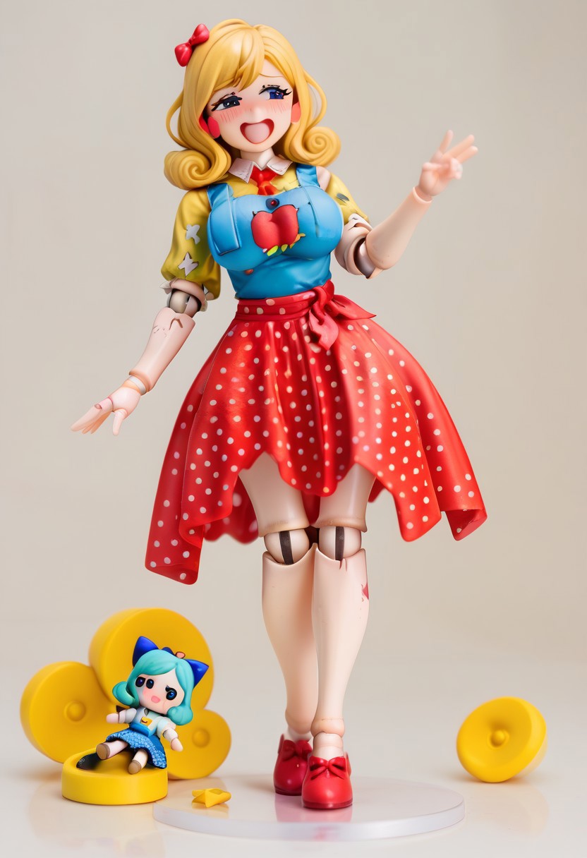 score_9, score_8_up, score_8, toy packaging, action figure, 1girl, full body, delight, blonde hair, red bow in hair, red blush sticker, smile, (doll joints:1.2), red polka dot skirt, yellow blouse, red tie, blue overalls, large breasts, shy, flustered, blush, smile, happy, open mouth, half-closed eyes large breasts, shy, flustered, blush, half-closed eyes, toy packaging, action figure,
