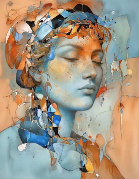 Art by Tigran Matulian. A digital illustration shoot from a profile camera angle about a portrait of a woman with a blend of blue and orange tones, featuring a woman's face in the middle of the image. the woman appears to be in her early twenties, with her eyes closed and a serene expression. her hair is styled in a short, flowing manner, and her skin is a vibrant teal color. the background is a mix of orange and teal hues, with abstract lines and splatters creating a dynamic and dynamic composition. the overall effect is one of abstract art, with a focus on the woman's features and expression. the style is reminiscent of digital illustration, with bold lines and vibrant colors that create a sense of depth and dimension.