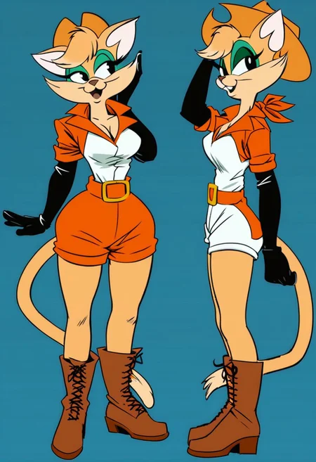 score_9, score_8_up, score_7_up, score_6_up, score_5_up, score_4_up, source_furry, Tabitha_Fantomcat, detailed eyes, detailed face, (retro artstyle, 1990s \(style\), flat color, toon \(style\),1girl, breasts, solo,black eyes, gloves, hat, animal ears, furry, furry female, cleavage,cat ears, boots, cowboy hat,short hair, full body, standing,cat tail, elbow gloves, bandana, hand on own hip,cat tail,cat girl, shirt, blue background, body fur, white shirt, gradient background, shorts, smile, black gloves, short sleeves, brown headwear, belt, two-tone fur, fur trim, knee boots, red bandana, happy, brown footwear, adjusting headwear, short shorts, cross-laced footwear, animal nose, looking at viewer, hand up, simple background, large breasts, looking to the side, adjusting clothes, signature, teeth, ears through headwear, hand on headwear, parted lips, medium breasts, open mouth
<lora:tabitha-v1:1>