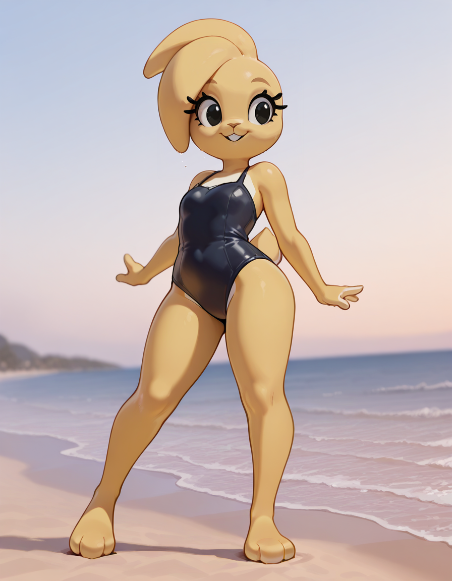 masterpiece, best quality,
outdoors, beach, 
full body,smile,parted lips,long eyelashes,happy,
standing,swimsuit,pose, 
 <lora:Bonita_v01_ILXL:1>,
Bonita,1girl,solo,furry female,rabbit girl,animal nose,animal ears,body fur,two-tone fur,black eyes,rabbit ears,rabbit tail,yellow fur,buck teeth,chocker,