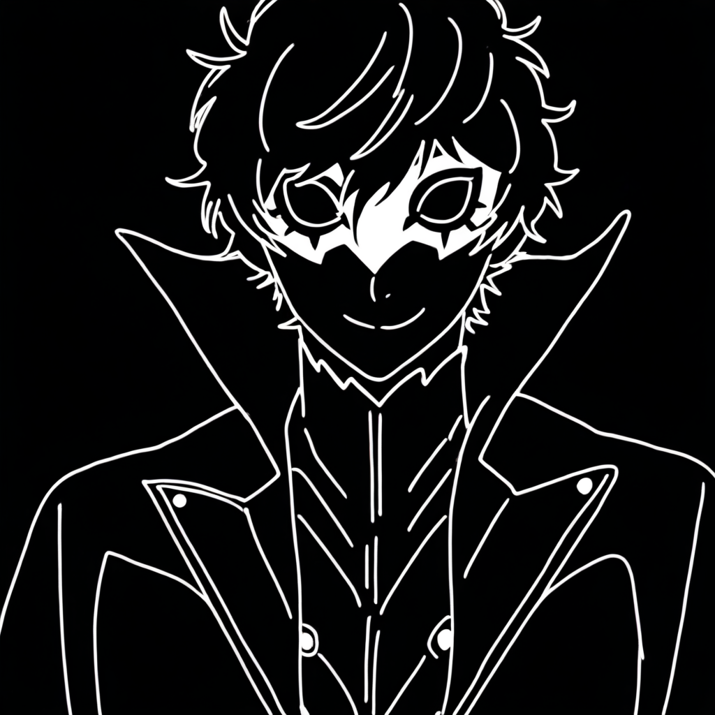 bblwlinart, 1boy, amamiya ren, monochrome, mask, greyscale, simple background, smile, black background, high contrast, upper body, coat, looking at viewer, jacket, high collar, <lora:black_white_potrait_lineart:1.4>