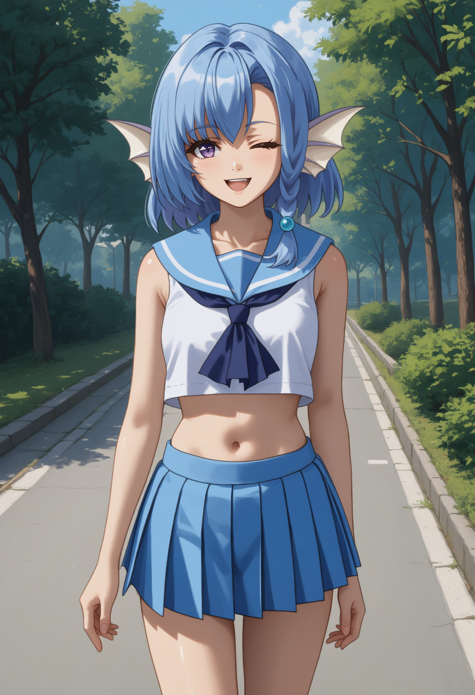 score_9,
<lora:EnjoKouhai_ElliotLeucosiaXL:0.9>, ElliotLeucosia, 
1girl, solo, open mouth, light smile, one eye closed,
medium hair, blue hair, purple eyes, head fins, single braid,
serafuku, blue sailor collar, crop top, sleeveless shirt, white shirt, navel, pleated skirt, blue skirt,
standing, thigh gap,
outdoors, school