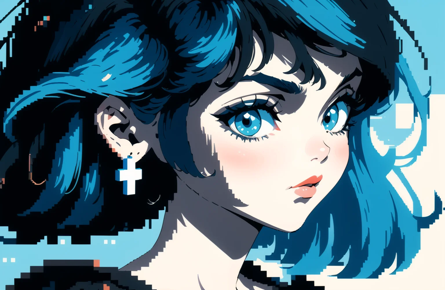 1girl, earrings, solo, looking_at_viewer, blue_eyes, portrait, medium_hair, black_hair, blue_theme, bangs, lips, cross, cross_earrings,pixel_art style background
BREAK
 <lora:mys-000007:0.8>