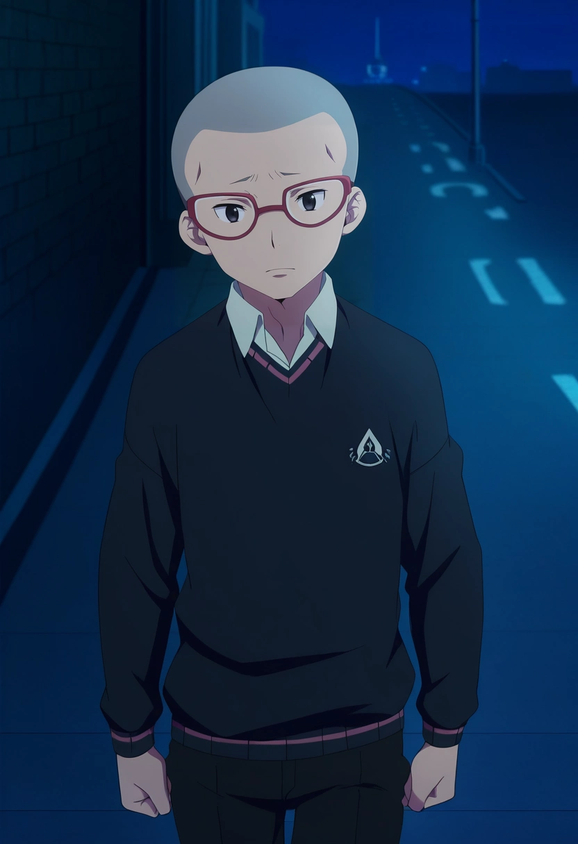 masterpiece, best quality, anime screencap, official style, anime coloring, cowboy shot, 1boy, solo, male focus, <lora:konekomaru_miwa_ilxl:0.98>, konekomaru_miwa, grey hair, black eyes, bald, glasses, red-framed eyewear, , neon streets, holo-ads, light paths, cyber cafes, walking pose, alert expression, night,