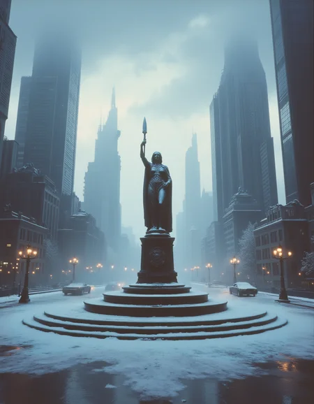 Cinematic scene of a dystopian cityscape with skyscrapers, industrial vibes, cloudy sky, snow on the ground, in center is a roundabout with a statue of a women holding a sword, cars, street lamps,
<lora:80s_Fantasy_Movie:1> ArsMovieStill, 80s Fantasy Movie Still