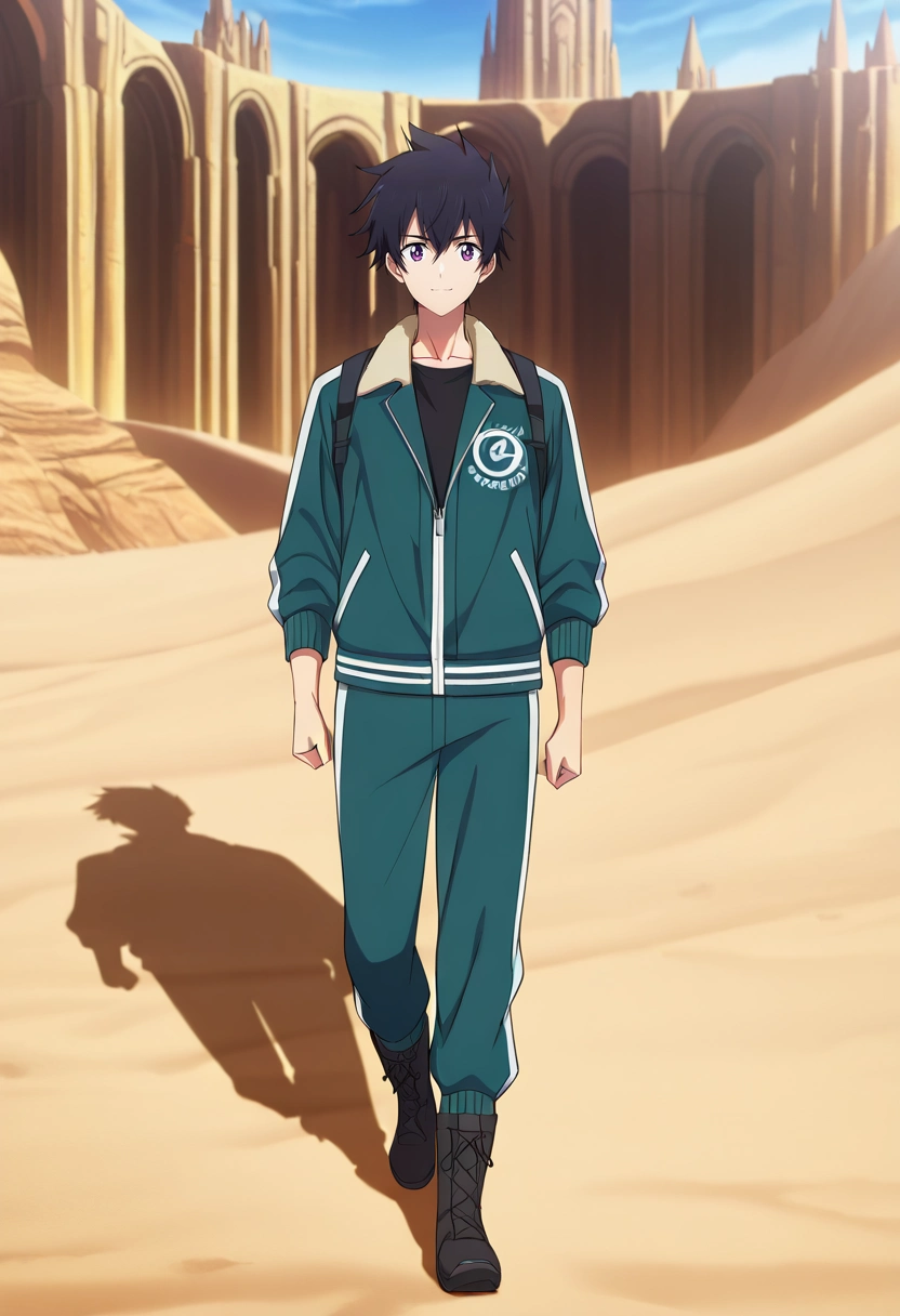 masterpiece, best quality, intricate details, anime screencap, anime coloring, official style, looking at viewer, 1boy, solo, male focus, <lora:ryuunosuke_minakata_ilxl:0.96>, ryuunosuke_minakata, black hair, purple eyes, short hair, bangs, hair between eyes, desert spire, sand-carved towers, golden mosaics, radiant halls, noble pose, proud expression, midday heat, Velvet Track pants, Rayon DeepTurquoise Bomber jacket, Hiking boots, ,