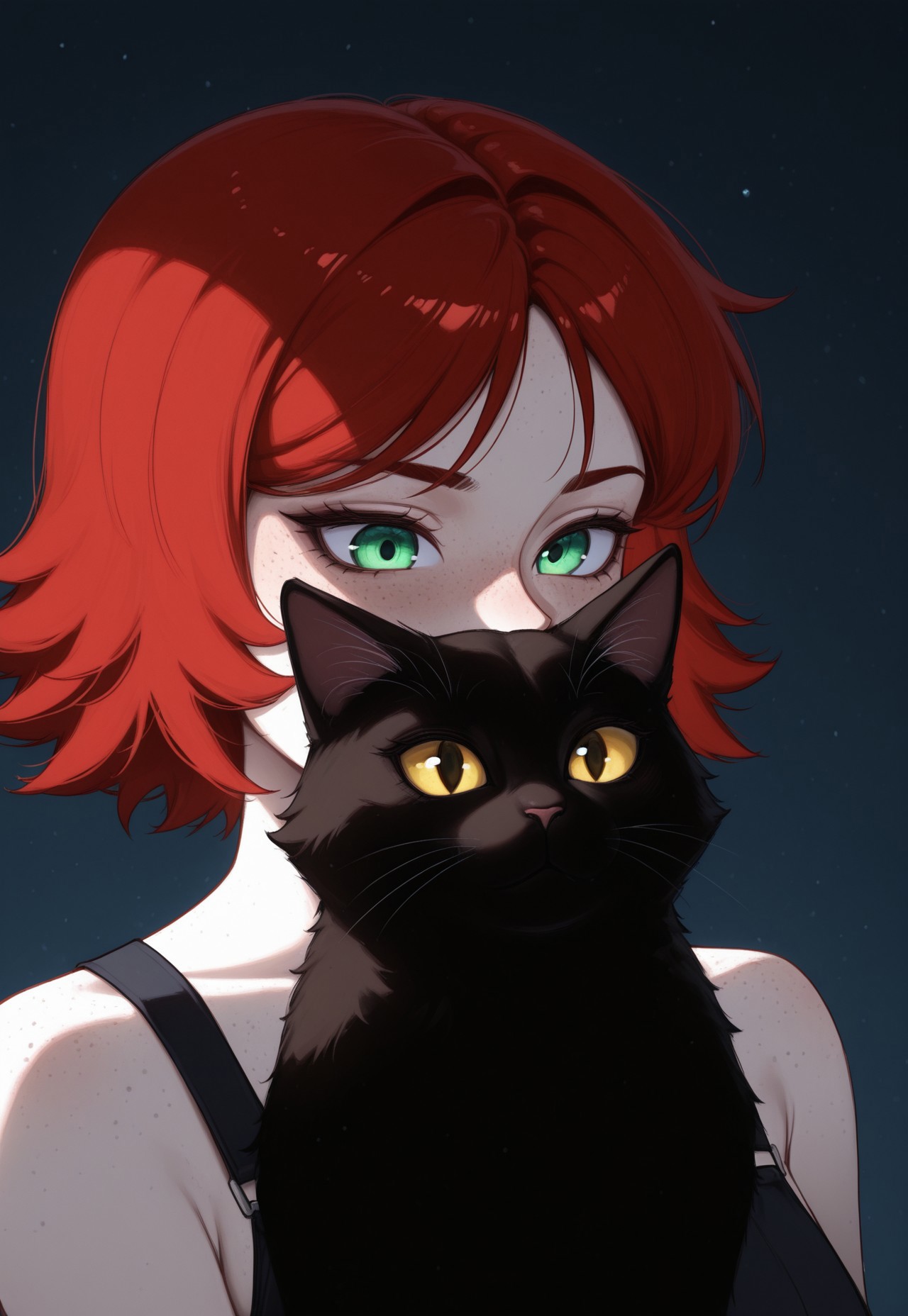 tnka2, girl 18 yearsd old, with freckles, cute, her face partly covered by a black cat's face. The girl has light green eyes, while the cat's large, golden eyes stare outwards. The lighting creates a soft, painterly effect, blending the features of the girl and the cat together. The cat’s dark fur contrasts against the girl's pale complexion and her red hair, creating a sense of surreal connection between the two. The overall tone is calm yet slightly mysterious, evoking a dreamlike atmosphere, deep shadows, masterpiece, best quality, beautifully drawn, elegantly detailed, very aesthetic, 8k, newest