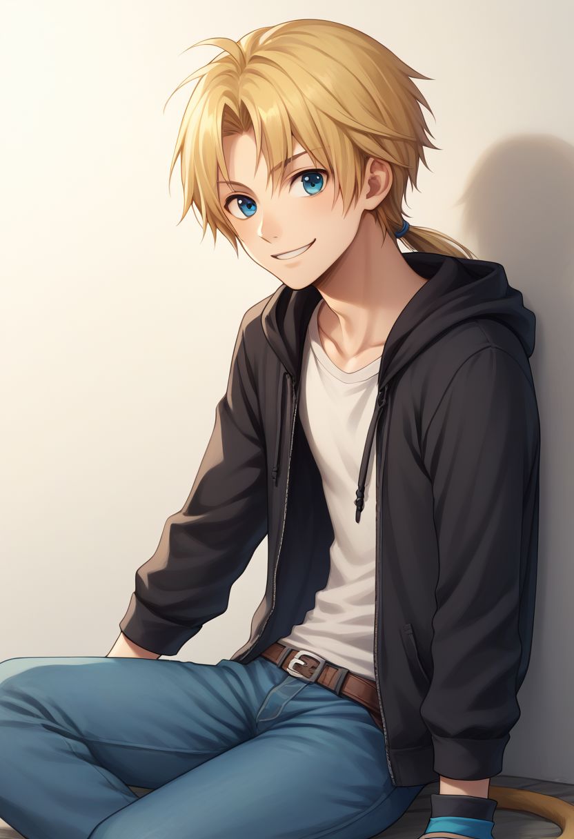 score_9, score_8_up, score_7_up, source_anime, highly detailed, 1boy, solo, skinny, cute,
zidane, 1boy, blonde hair, long hair, monkey tail, low ponytail, bangs,  parted bangs, male focus, solo, gloves, blue eyes, 
contemporary, hoodie, hood, denim, upper body, smile,
outdoor, sit,