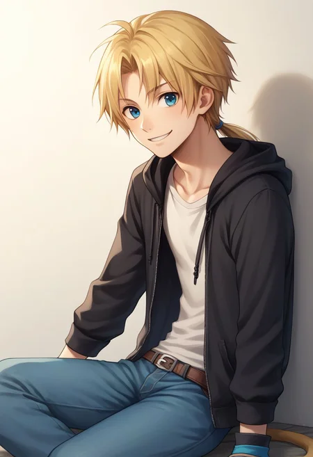 score_9, score_8_up, score_7_up, source_anime, highly detailed, 1boy, solo, skinny, cute,
zidane, 1boy, blonde hair, long hair, monkey tail, low ponytail, bangs, parted bangs, male focus, solo, gloves, blue eyes,
contemporary, hoodie, hood, denim, upper body, smile,
outdoor, sit,