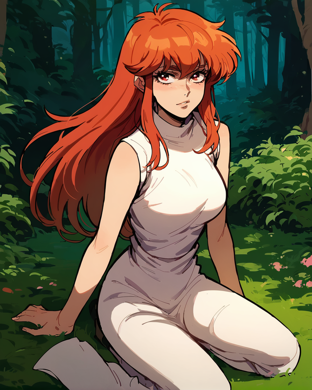 yoko, 1girl, red hair, solo, red eyes, long hair, wearing revealing white dress, flirty, kneeling on the ground, sexy pose, at forest <lora:fallen_ai_PONY_Tia_Noto_Yoko_Bastard:0.7>  <lora:IncaseLycoXL:1>, zPDXL, score_8_up, score_7_up, score_6_up, score_9, illustration