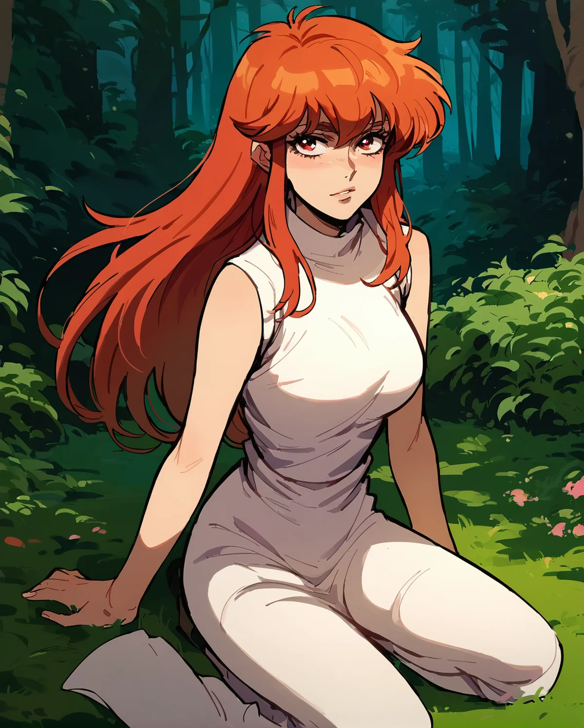 yoko, 1girl, red hair, solo, red eyes, long hair, wearing revealing white dress, flirty, kneeling on the ground, sexy pose, at forest <lora:fallen_ai_PONY_Tia_Noto_Yoko_Bastard:0.7> <lora:IncaseLycoXL:1>, zPDXL, score_8_up, score_7_up, score_6_up, score_9, illustration