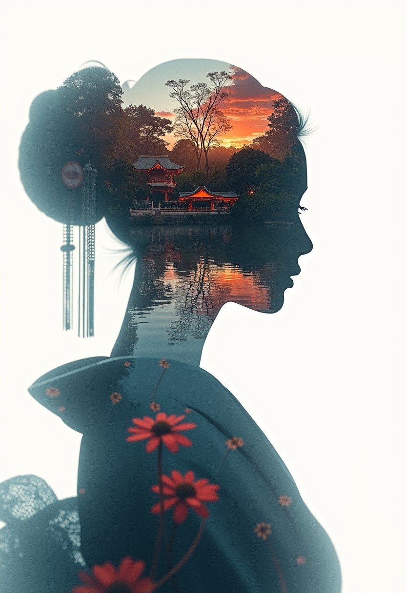 masterpiece, double exposure, silhouette of japanese shrine maiden, hair ornament, filled with a japanese formal pond, highest definition, HD32K, wallpaper, crisp lines, double exposure background, hyperdetailed, concept art, detailmaximizer