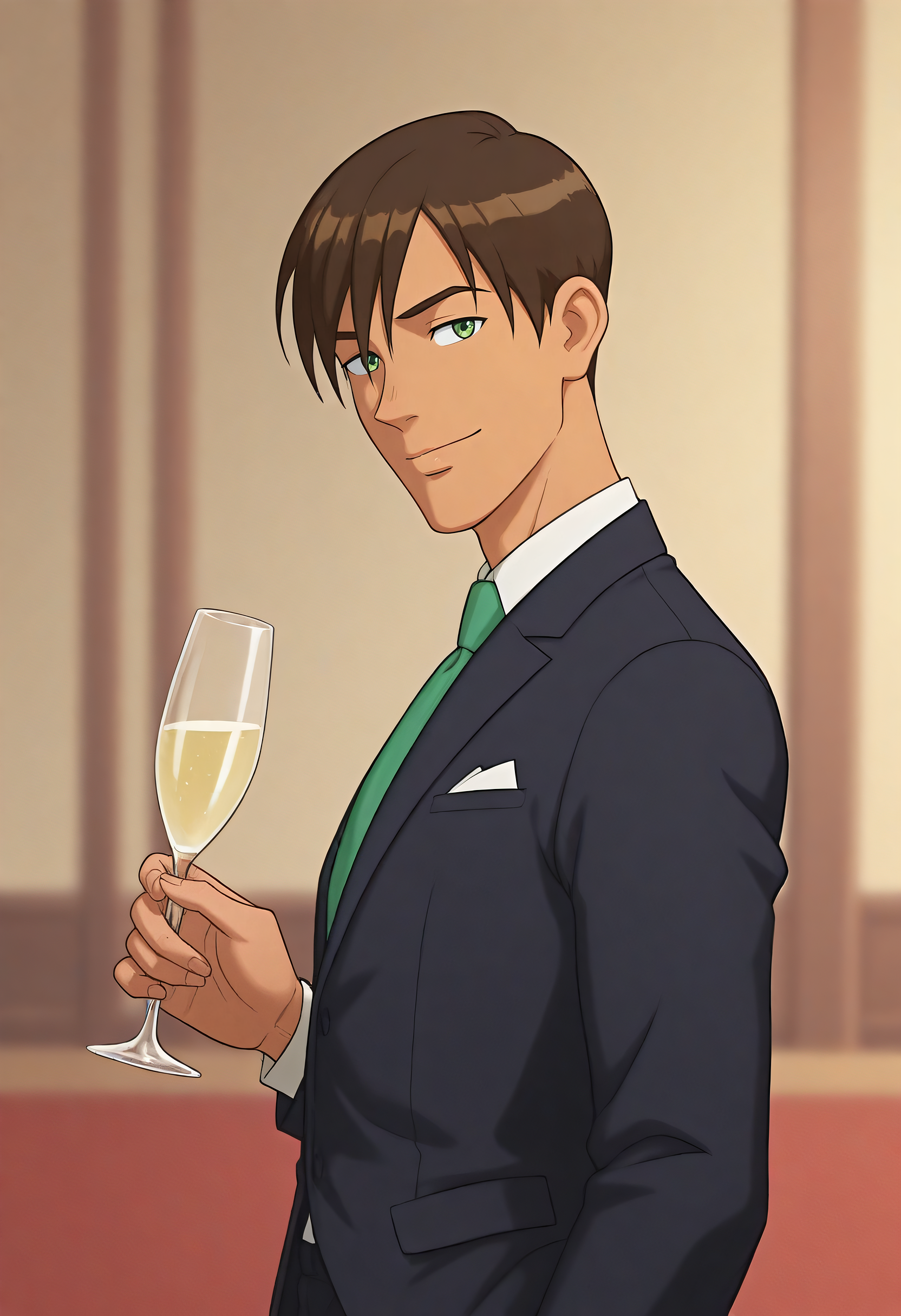 (1boy), david_ts!, brown hair, straight hair, green eyes, tanned skin, slim body, formal, suit, tie, champagne glass, have a toast, look at viewer, depth of field, from side, best quality, high resolution, masterpiece.