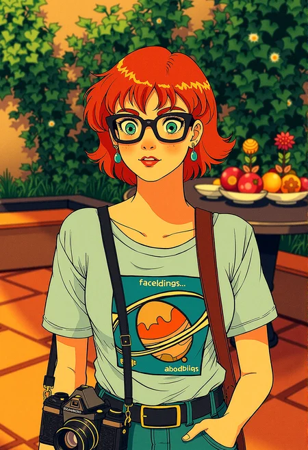 msdh, frosted animation,retro anime
Upper body shot of a stunning 18-year-old woman with ginger hair, bright aqua eyes, light freckles, thick eyebrows, and glasses that give her a nerdy look. in a sun-drenched Mediterranean courtyard with terracotta tiles, climbing vines, and a central fountain. The background shows a table set with fresh fruit and flowers, surrounded by lush greenery and colorful flowers.
She is wearing graphic tee featuring a science, math, or coding theme, peeking out from under her outfit.Small, understated stud earrings, possibly shaped like planets, atoms, or other nerdy symbols.A small, vintage camera slung around her neck, suggesting an interest in photography and retro technology.
A soft, unfocused gaze with a small smile, as if she’s daydreaming or lost in pleasant memories.