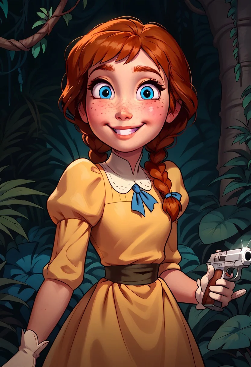 score_9, score_8_up, score_7_up, score_6_up, rating_safe, 1girl, 18yo anna, blue eyes, freckles, auburn hair, puffy sleeves, yellow dress, white gloves, two short braids, big eyes, cutest girl in the world, cute cheeks, thigh gap, petite, freckles, freckled girl, bubble butt, kinky, adorable, petite, round face, skinny, smiling, adorable, holding pistol with a silencer,
jungle background, detailet background