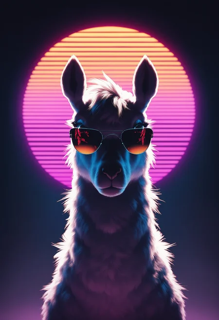 score_9, score_8_up, score_7_up, fluffy, detailed fur, from below, dramatic, alpaca, lama, iconic sunglasses, cool, <lora:43stl1ght1ngXLP2:0.4>, 43stl1ght1ng, low light, dramatic lighting, darkness, spotlight, neon, glow, syntwave, vaporwave, scanlines, dark background
