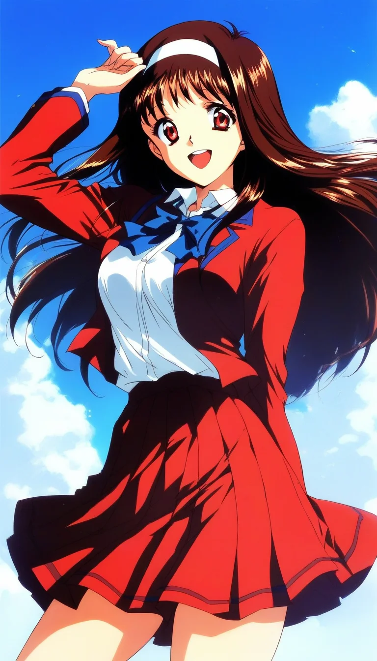 score_9, score_8_up, score_7_up, source_anime, rating_explicit, BREAK <lora:Yuuki_Mizuho_OVA_XL:1>anime coloring,
Yuuki_Mizuho_OVA, 1girl,solo,long hair, brown hair, white hairband, red eyes, open mouth, blue ribbon,
school uniform,red skirt, breasts, red blazer, outdoor, day, sky, school, smile,looking at viewer, cowboy_Shot,