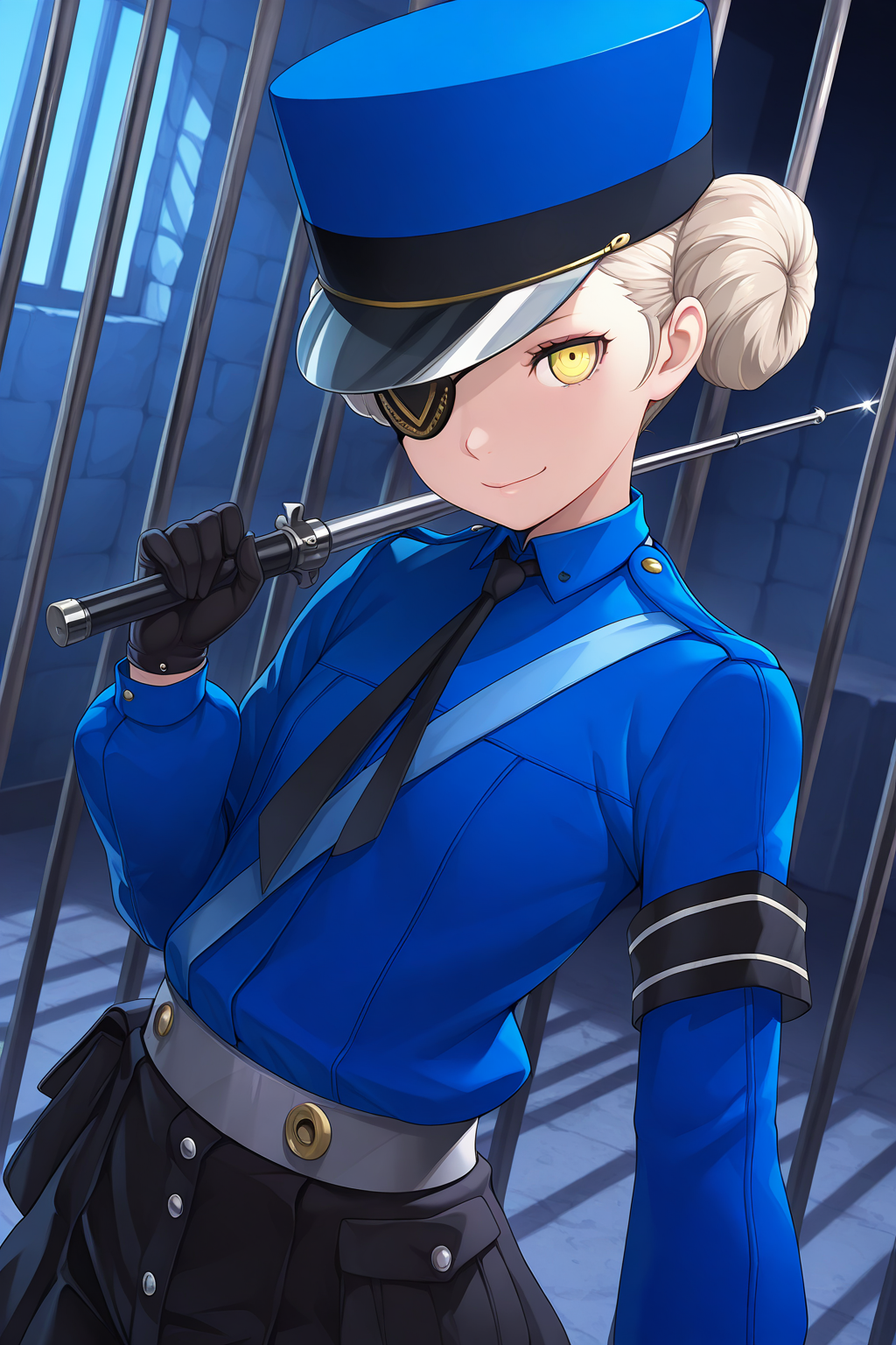 1girl,
CarolinePersona,
general, dynamic angle, upper body,
eyepatch, police hat,
holding, baton \(weapon\),
blue shirt, black gloves, black necktie, grey belt, black shorts,
looking at viewer, domination, smile, 
blue theme, prison,
<lora:kp_CarolineAndJustinePersonaIllustrious_v1_0:1.0>,
masterpiece, best quality, amazing quality