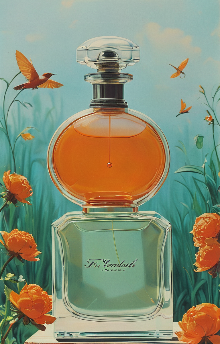 masterpiece,best quality,<lora:tbh300-sdxl:0.9>,illustration,style of F. C. Gundlach A bottle of perfume in garden