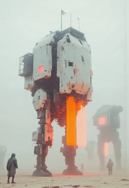 A towering Penitents Engine Walker stands at the center of a desolate, futuristic spaceport, the walker a striking contrast against the endless white desert and swirling mist. a sleek, unassuming war mashine, the lines tight and minimalistic, highlighting it form with subtle sensuality. The neon glow of orange is the only color that punctuates the pale, monochromatic expanse, casting soft reflections on the ground as it shimmers faintly with a metallic sheen. glowing softly with an ethereal light, deep and unreadable. flawless, and a faint, almost invisible hints at a forgotten legacy, a delicate touch of history lost in the future’s cold embrace. stands poised, regal in solitude, as the soft glow of neon lights catches the walker in an almost dreamlike way. Behind it, the mechanical silhouettes of towering robots loom faintly through the dense mist, their glowing eyes flickering like distant, fading stars. The spaceport stretches beyond, a ghostly, sterile place where the harsh edges of high-tech architecture dissolve into the haze. Yet the walker remains—a singular beacon of life, a neon-colored enigma in a forgotten world, their presence captivating amidst the silence and stillness of the surrounding void.