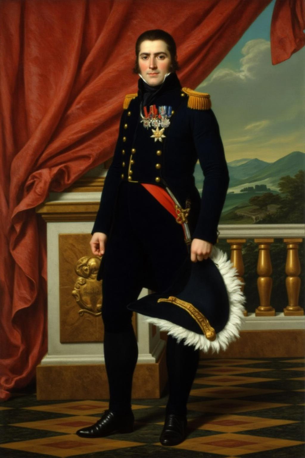 jldavid1 painting.
A military figure in a grand, formal portrait. The subject is a man standing confidently in front of a richly textured, red curtain that cascades down from the top left corner, partially covering a pedestal or a balustrade. The man is dressed in a dark navy blue military uniform adorned with elaborate golden epaulettes on the shoulders, indicating high rank. His uniform is adorned with numerous medals and decorations, including a large cross on his left chest and smaller medals on his left breast. A red sash is draped over his right shoulder, and a sword with a white and gold hilt hangs from his right side, the scabbard adorned with a white plume. He is holding his tricorn hat in his hand. <lora:jldavid1_cap_d6a3:1.0><lora:815787540184351565:0>