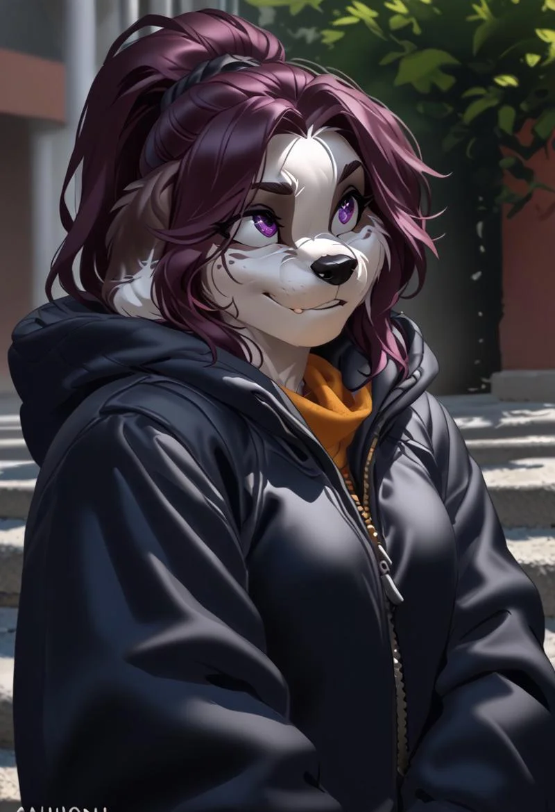 score_9, score_8_up, score_7_up, (by kittydee:1.5), (by jailbird:1.5), (by zummeng:1.5), masterpiece, best quality,
(Furry Art: Anthro: Shih Tzu:1.5), 1girl, expressive eyes, feminine eyes, perfect face, feminine face, dog, canine, medium long fur, floppy ears, multicolored fur, black fur, white fur, brown fur, brown hair, ponytail hair, small breasts, jacket,