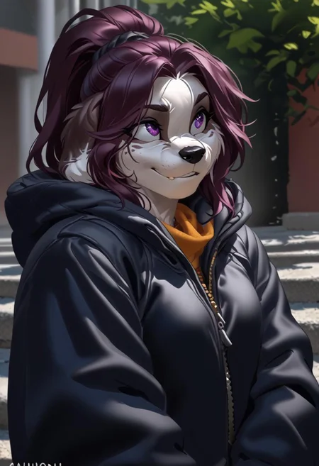 score_9, score_8_up, score_7_up, (by kittydee:1.5), (by jailbird:1.5), (by zummeng:1.5), masterpiece, best quality,
(Furry Art: Anthro: Shih Tzu:1.5), 1girl, expressive eyes, feminine eyes, perfect face, feminine face, dog, canine, medium long fur, floppy ears, multicolored fur, black fur, white fur, brown fur, brown hair, ponytail hair, small breasts, jacket,