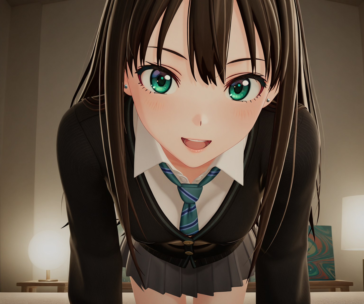 masterpiece, best quality, amazing quality, , 1girl, solo, looking at viewer, shibuya rin, cardigan, shirt, skirt, smile, open mouth,  <lora:New Kizuna AI ILL-v2:1> newkizunaai, 3d,