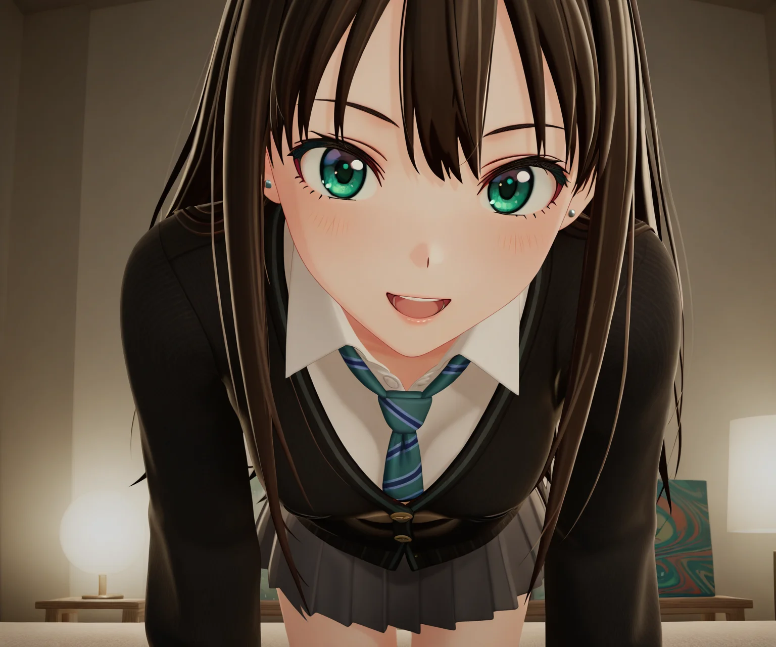 masterpiece, best quality, amazing quality, , 1girl, solo, looking at viewer, shibuya rin, cardigan, shirt, skirt, smile, open mouth, <lora:New Kizuna AI ILL-v2:1> newkizunaai, 3d,