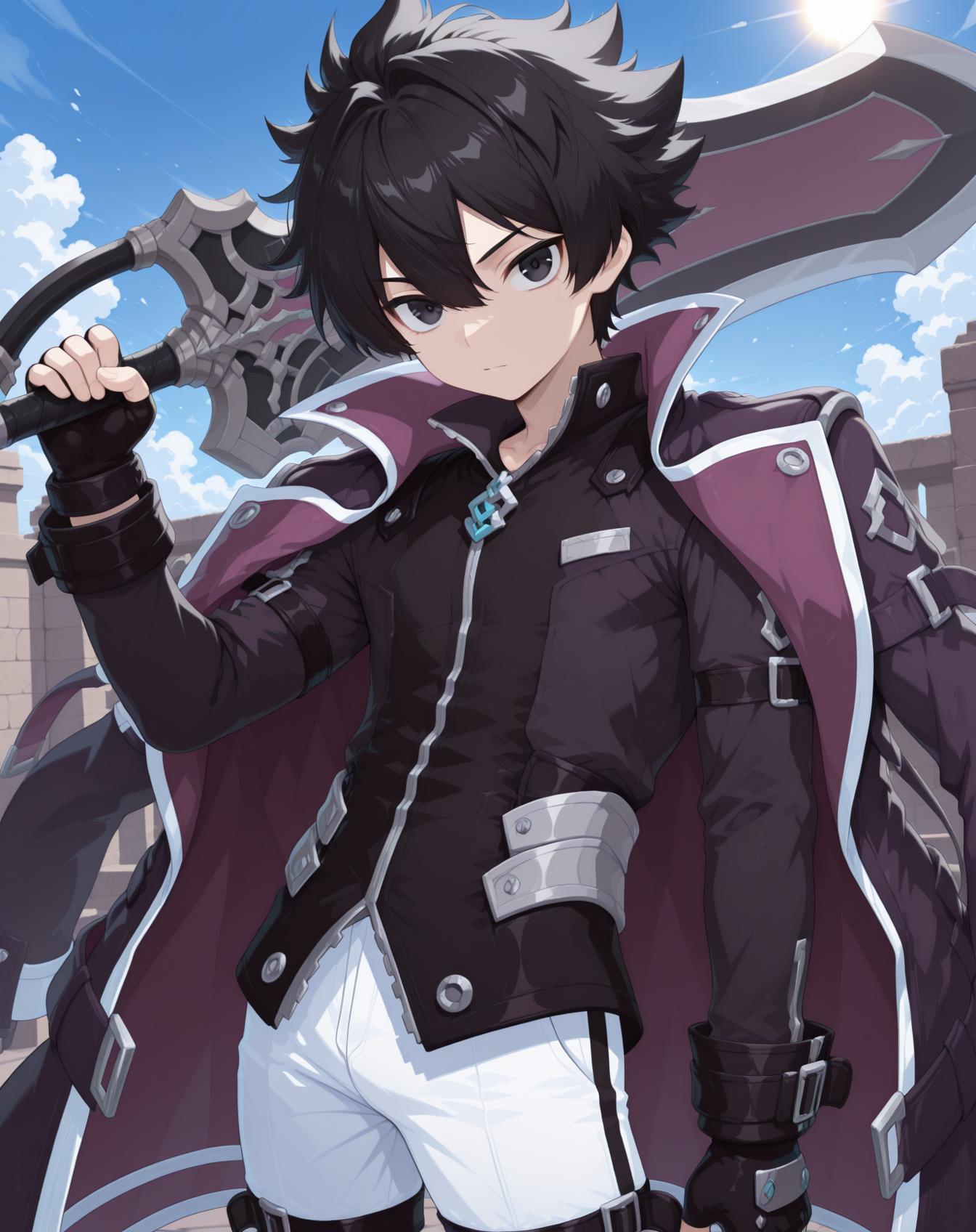 masterpiece,best quality,amazing quality, newest, very aesthetic, absurdres,
1boy, solo, yaoi, male focus, cowboy shot, upper body, looking at viewer, face focus,
<lora:Sieghart_Default_ilxl:1> sieghartdefault, black hair, black eyes, spiked hair, short hair, hair between eyes,
fingerless gloves, black gloves, black coat, jacket on shoulders, purple coat, black shirt, coat on shoulders, long sleeves, black jacket,
white pants, knee boots, black footwear, thigh strap, leg belt,
holding weapon, holding sword, weapon over shoulder,
outdoors, day, blue sky, sun,