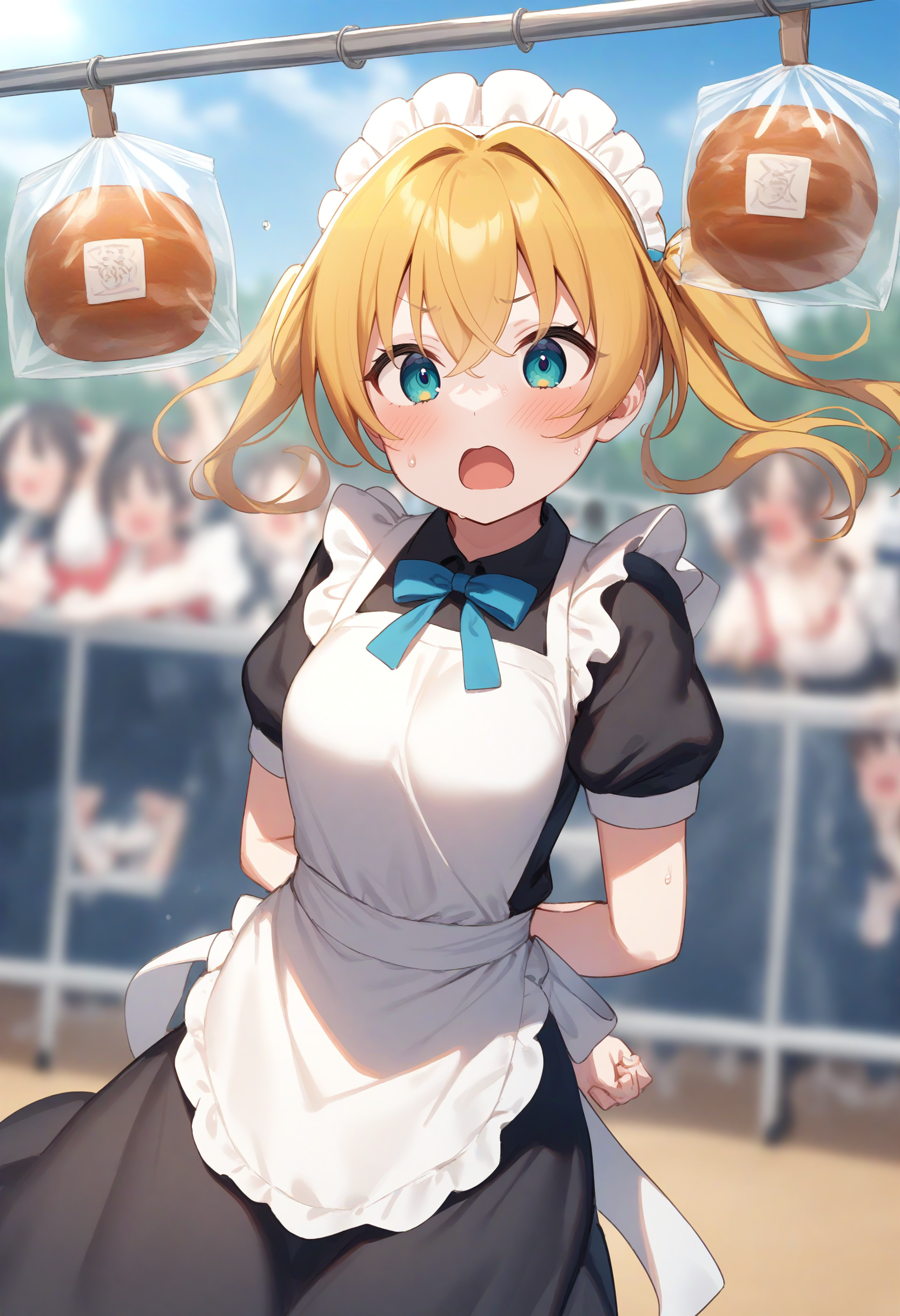 1girl,sincos, ningen mame, toosaka asagi,solo,medium breasts,20yo,maid,maid headdress,
bread eating race,sports festival,bread,arms behind back,<lora:breadeatingrace_XL_v1:0.8>
open mouth, bouncing breasts, plastic bag,
dutch angle, panorama shot, looking ahead, blonde hair, aqua eyes,flustered, closed mouth, curly hair,,
best quality, very aesthetic, absurdres