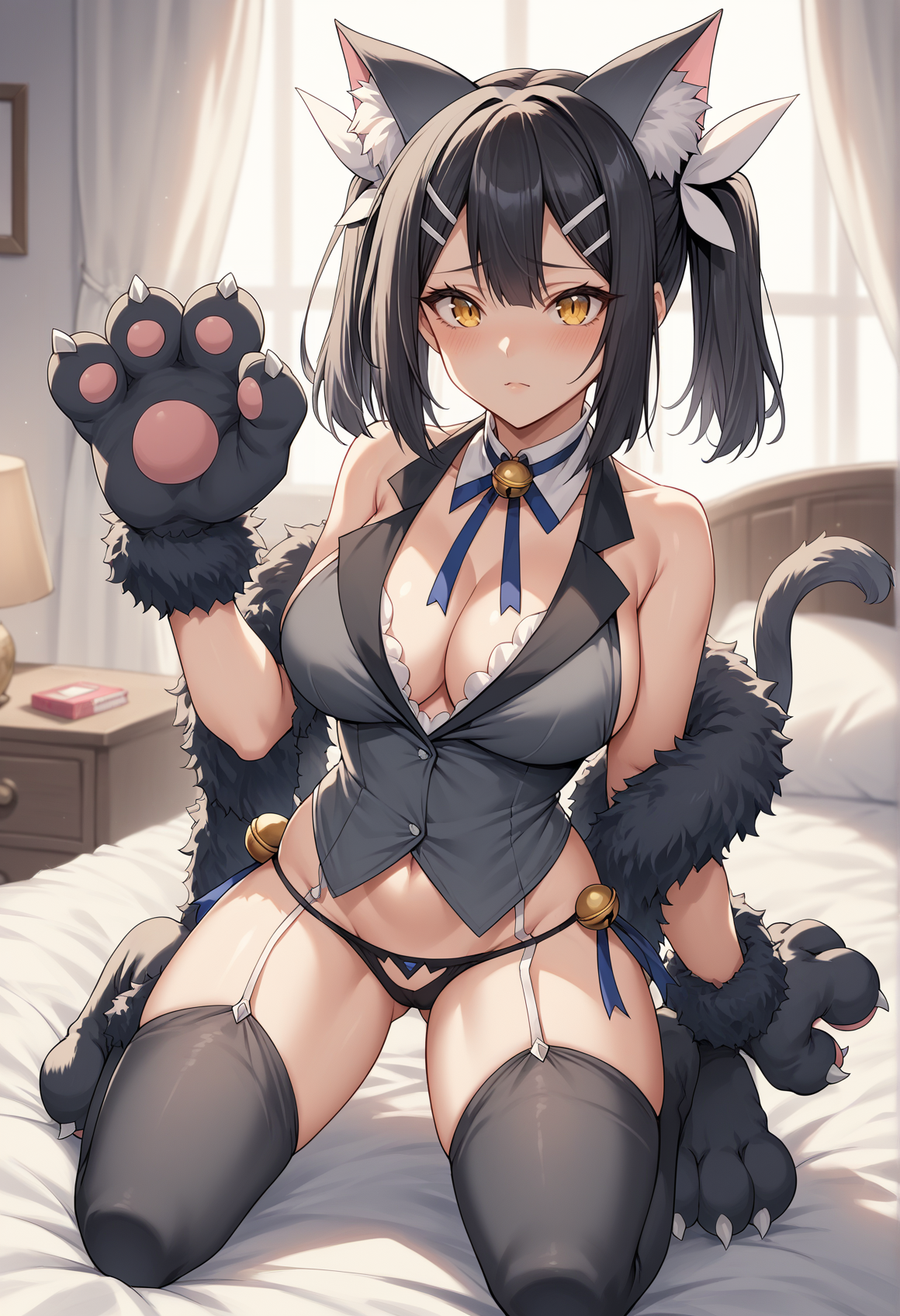 black hair, medium hair, yellow eyes, double hairpin, twintails, hair ornament, revealing clothes, cat ears, cat tail, fur trim, detached collar, lace trim, bell, garter straps, panties, thighhighs, animal hands, collared vest, kneeling, on bed, indoors, bedroom, big breasts  <lora:Miyu_Pony_v2:1>, score_9, score_8_up, score_7_up, score_6_up, score_5_up, score_4_up, BREAK source_anime, masterpiece