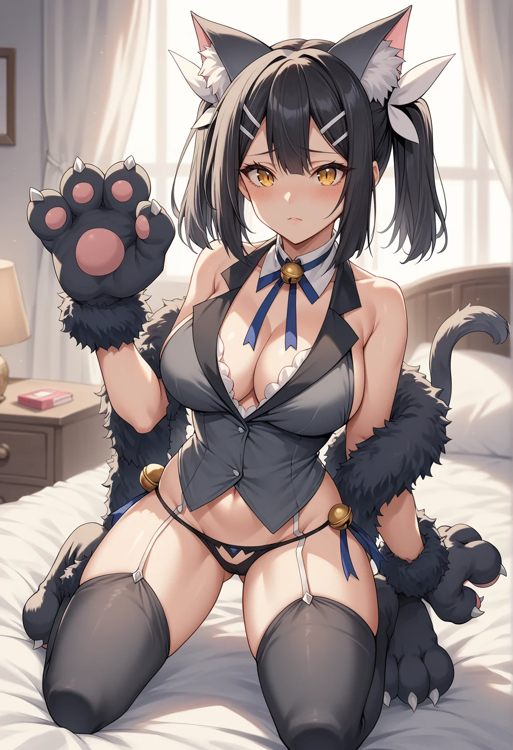 black hair, medium hair, yellow eyes, double hairpin, twintails, hair ornament, revealing clothes, cat ears, cat tail, fur trim, detached collar, lace trim, bell, garter straps, panties, thighhighs, animal hands, collared vest, kneeling, on bed, indoors, bedroom, big breasts  <lora:Miyu_Pony_v2:1>, score_9, score_8_up, score_7_up, score_6_up, score_5_up, score_4_up, BREAK source_anime, masterpiece