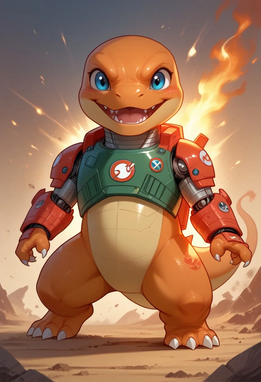 score_9, score_8_up, score_7_up, source_furry, solo, adorable Chibi Charmander, partial body, close view, fighting in a battlefield, angry, robotic battle armor, robotic shoulder armor, robotic chest armor, robotic joints, missile weapon system, (feral Charmander, chibi body:1.2), dancing, excited, (indirect lighting, dynamic lighting:1.4), explosion background, chibi art style, (detailed image, high resolution, 5k resolution:1.0), (realistic style, chibi Art Style:1.2)