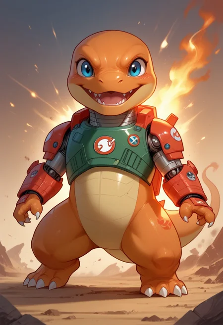 score_9, score_8_up, score_7_up, source_furry, solo, adorable Chibi Charmander, partial body, close view, fighting in a battlefield, angry, robotic battle armor, robotic shoulder armor, robotic chest armor, robotic joints, missile weapon system, (feral Charmander, chibi body:1.2), dancing, excited, (indirect lighting, dynamic lighting:1.4), explosion background, chibi art style, (detailed image, high resolution, 5k resolution:1.0), (realistic style, chibi Art Style:1.2)