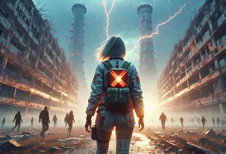 Chernobyl disaster, The nuclear power plant was destroyed after the explosion , Intercontinental ballistic missile Nuclear weapon, Russian alphabet, Apocalypse,girl, fire, glowing x, minimalist short outfit, anti social , running, falling snow, cyberpunk ruined ancient city, intricate details,8k post production, faithful, Religious denomination, cinematic color