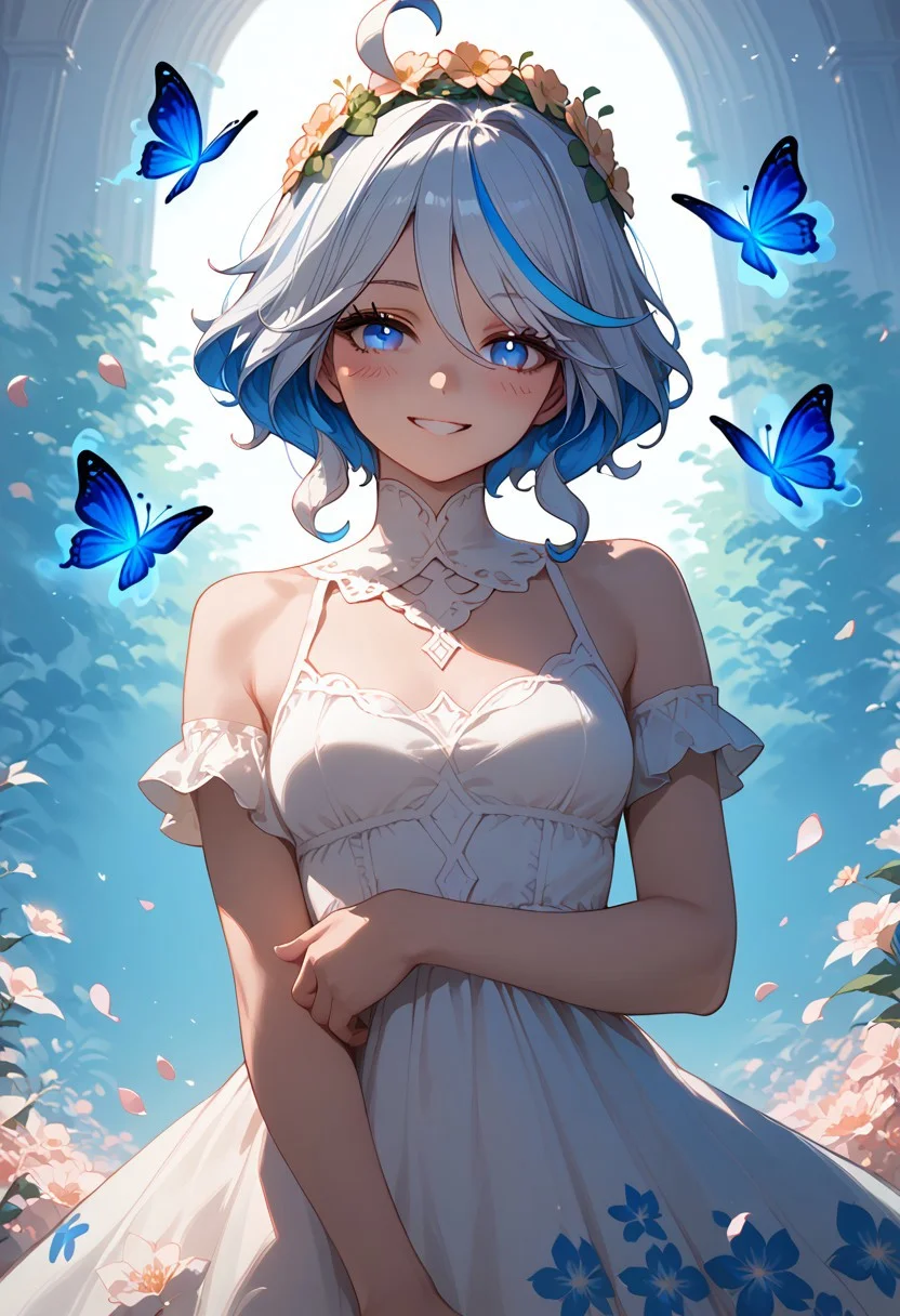 score_9, score_8_up, score_7_up, score_6_up, masterpiece, best quality, absurdres, cinematic, dynamic angle, perfect composition, solo, 1girl, medium breast, Furina, blue eyes, short hair, multicolored hair, white hair, blue hair, ahoge, hair intakes, flowy chiffon dress, petal-like patterns, floral crown, glowing aura, meadow setting, fluttering butterflies, serene expression, smile, blush, looking at viewer,