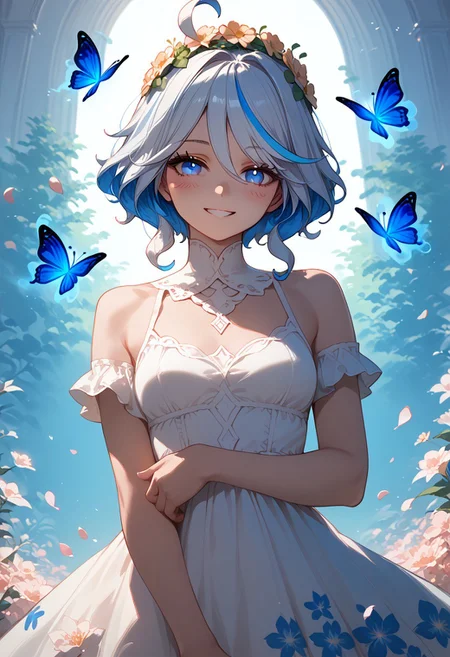 score_9, score_8_up, score_7_up, score_6_up, masterpiece, best quality, absurdres, cinematic, dynamic angle, perfect composition, solo, 1girl, medium breast, Furina, blue eyes, short hair, multicolored hair, white hair, blue hair, ahoge, hair intakes, flowy chiffon dress, petal-like patterns, floral crown, glowing aura, meadow setting, fluttering butterflies, serene expression, smile, blush, looking at viewer,