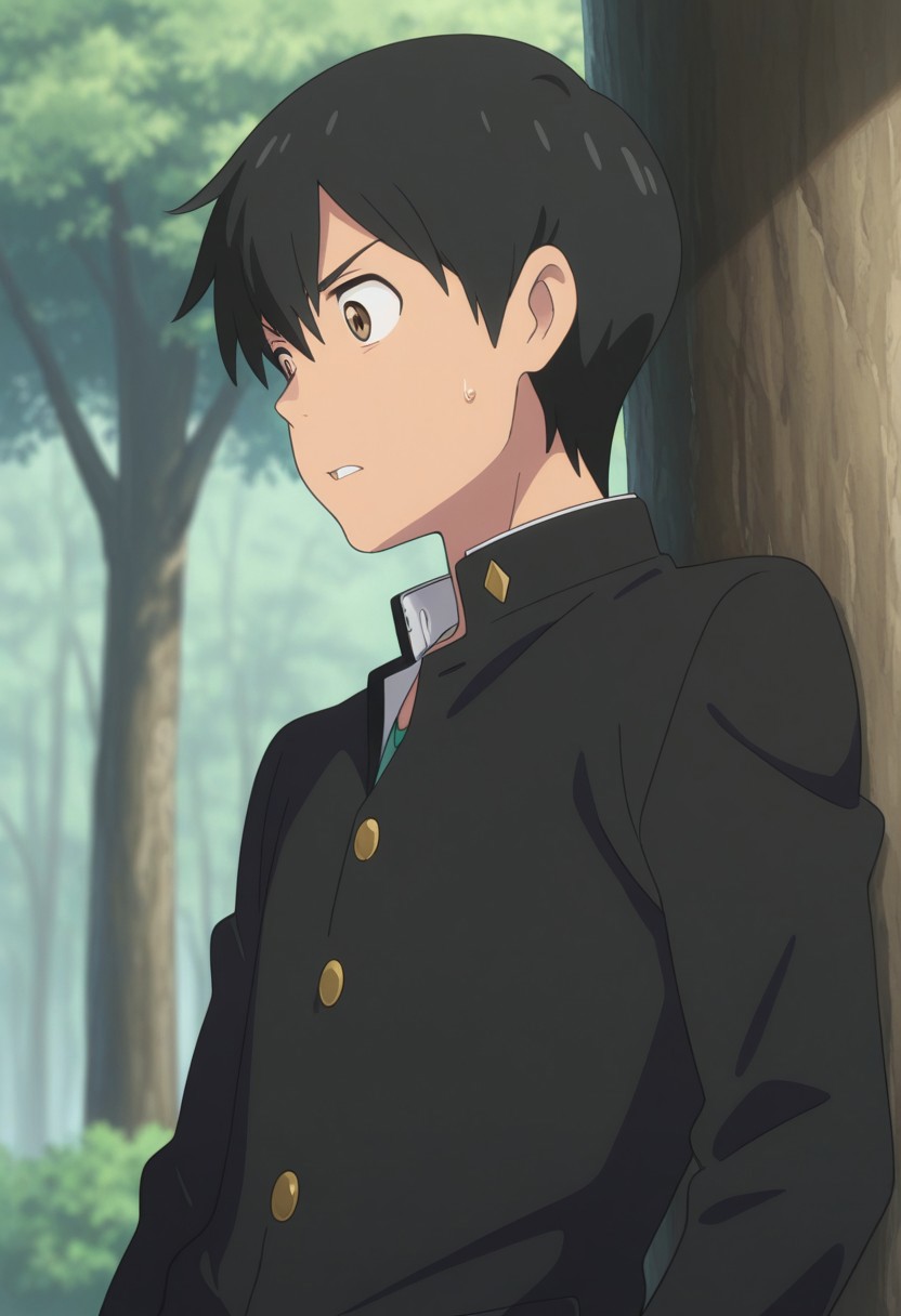 masterpiece,best quality,amazing quality, source_anime,
HodakaMorishima, 1boy, male focus, gakuran, school uniform, black hair, solo, brown eyes, sweatdrop,  tree, parted lips, hair between eyes