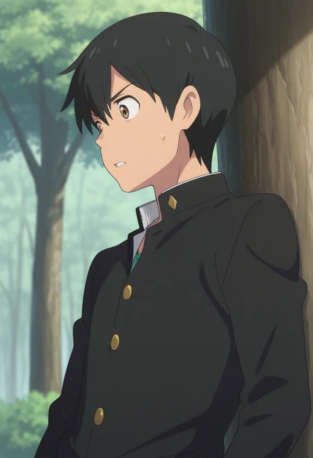 masterpiece,best quality,amazing quality, source_anime,
HodakaMorishima, 1boy, male focus, gakuran, school uniform, black hair, solo, brown eyes, sweatdrop, tree, parted lips, hair between eyes