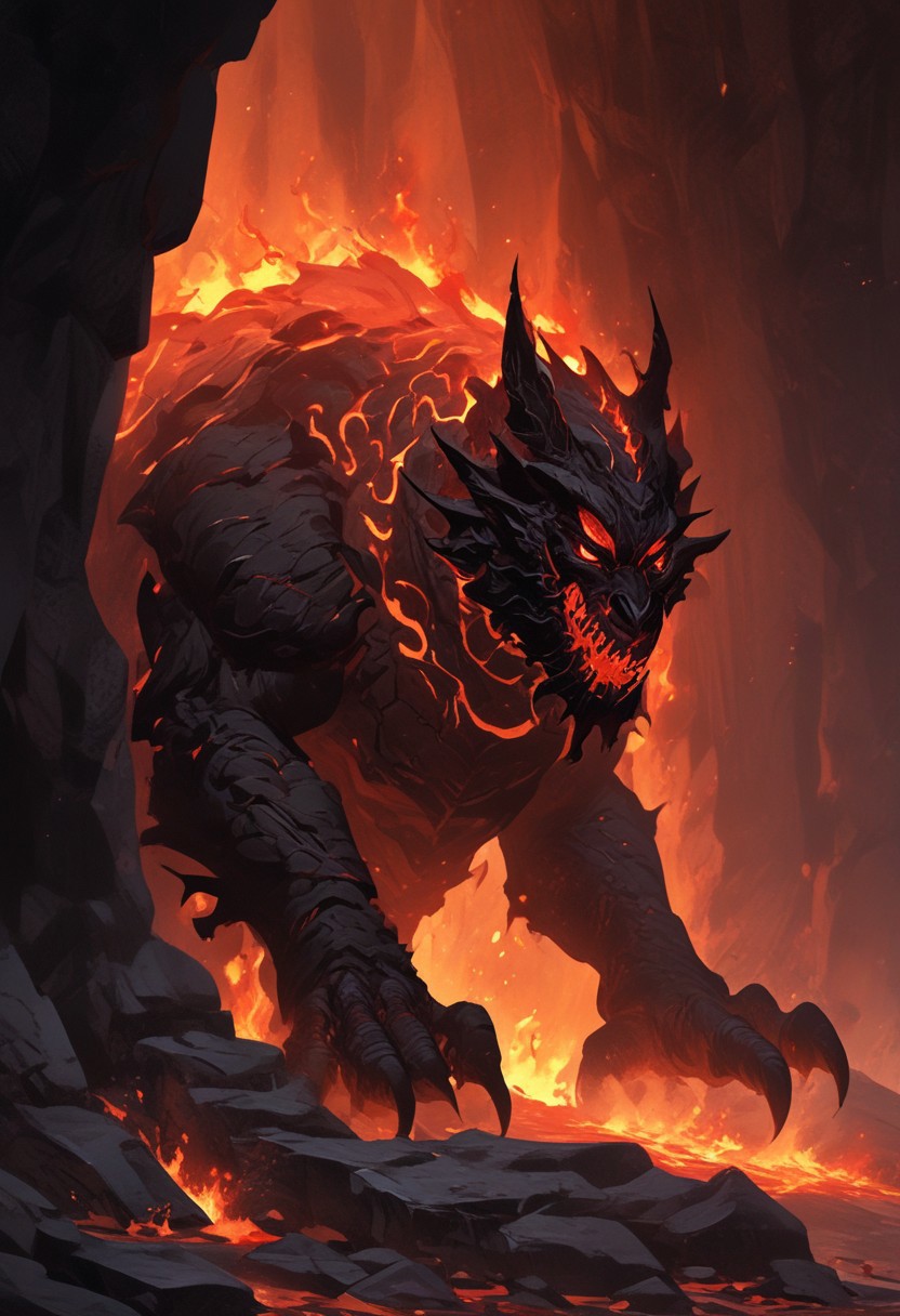 "Inside a vast, dark volcanic cave, the walls glow with the fiery red-orange light of molten lava flowing through cracks in the stone. In the center of the cave stands Shadow Fiend, Nevermore, a towering, menacing figure cloaked in darkness and shadowy flames. His glowing red eyes pierce through the gloom as he stands tall, his sharp claws outstretched, radiating an aura of dread and power. The ground beneath him is scorched, with small embers rising around his feet. He looks down the cave tunnel with a mix of impatience and malevolence, waiting for a worthy challenger to step into his domain. The scene is filled with an intense, oppressive atmosphere, with smoke and heat swirling in the air, making the cave feel like the very heart of a volcano."