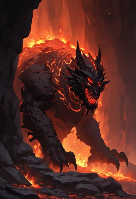 "Inside a vast, dark volcanic cave, the walls glow with the fiery red-orange light of molten lava flowing through cracks in the stone. In the center of the cave stands Shadow Fiend, Nevermore, a towering, menacing figure cloaked in darkness and shadowy flames. His glowing red eyes pierce through the gloom as he stands tall, his sharp claws outstretched, radiating an aura of dread and power. The ground beneath him is scorched, with small embers rising around his feet. He looks down the cave tunnel with a mix of impatience and malevolence, waiting for a worthy challenger to step into his domain. The scene is filled with an intense, oppressive atmosphere, with smoke and heat swirling in the air, making the cave feel like the very heart of a volcano."