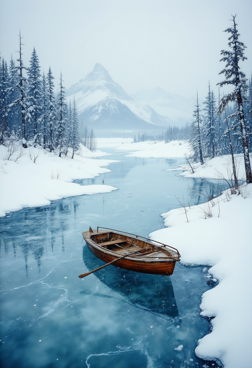 This atmospheric masterpiece delicately unfolds a Siberian winter story full of stillness and beauty, radiating a tranquil aura. The artist's captivating gaze invites us into a frozen world where an old graceful wooden rowing boat rests on a crystalline ice surface decorated with intricate snow patterns and delicate ice formations. Its sharp contours provide an elegant contrast to the pristine landscape, while nearby frozen ponds shimmer with an ethereal glow, reflecting the majestic snow-capped mountains in the distance. Encrusted pine trees stand like sentinels amidst the falling snow, dividing the desolate but mesmerizing vista into intimate segments. This exquisite depiction embodies the essence of serenity in the untamed wilderness of Siberia. ,<lora:flux/Digital painting V1.safetensors:1.0:1.0>