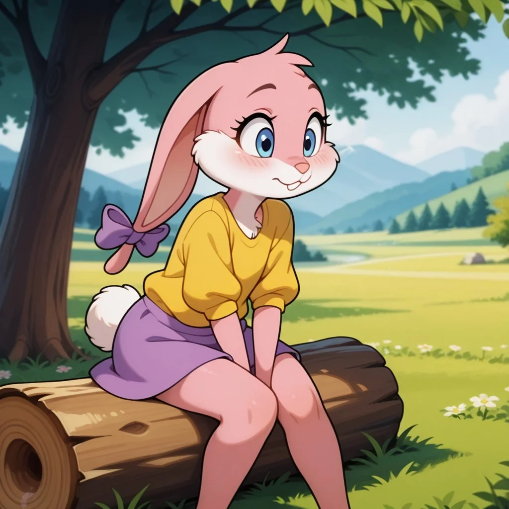 masterpiece, best quality, amazing quality, babsttail, anthro, female, rabbit, pink fur, blue eyes, lush valley, sitting, on a log, yellow shirt, purple skirt, purple bows,, <lora:4c9337af-7363-4d3a-af52-62e64a39598d:0.7>